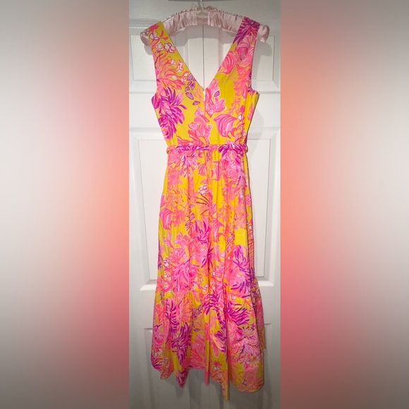 LILLY PULITZER Bri V Neck calla yellow floral coral Midi Dress. Size 2 NWT - Picture 5 of 15